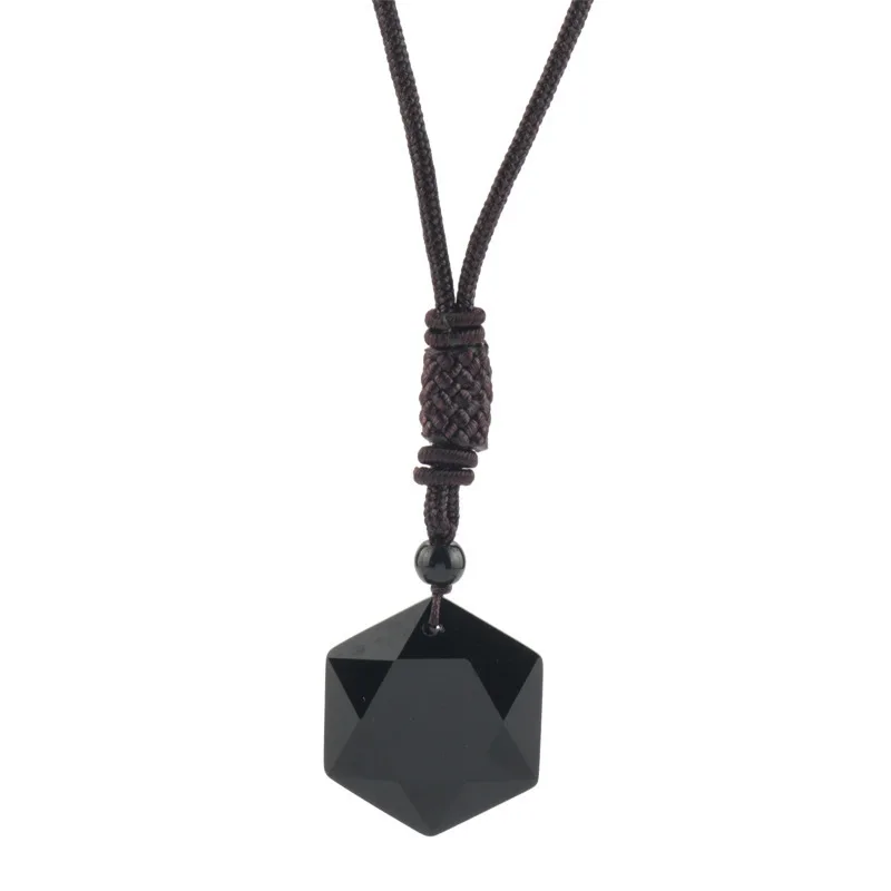 Spirit Pendulum Energy Stone Obsidian Six Star Necklace Men\'s and Women\'s Sweater Chain, Necklace