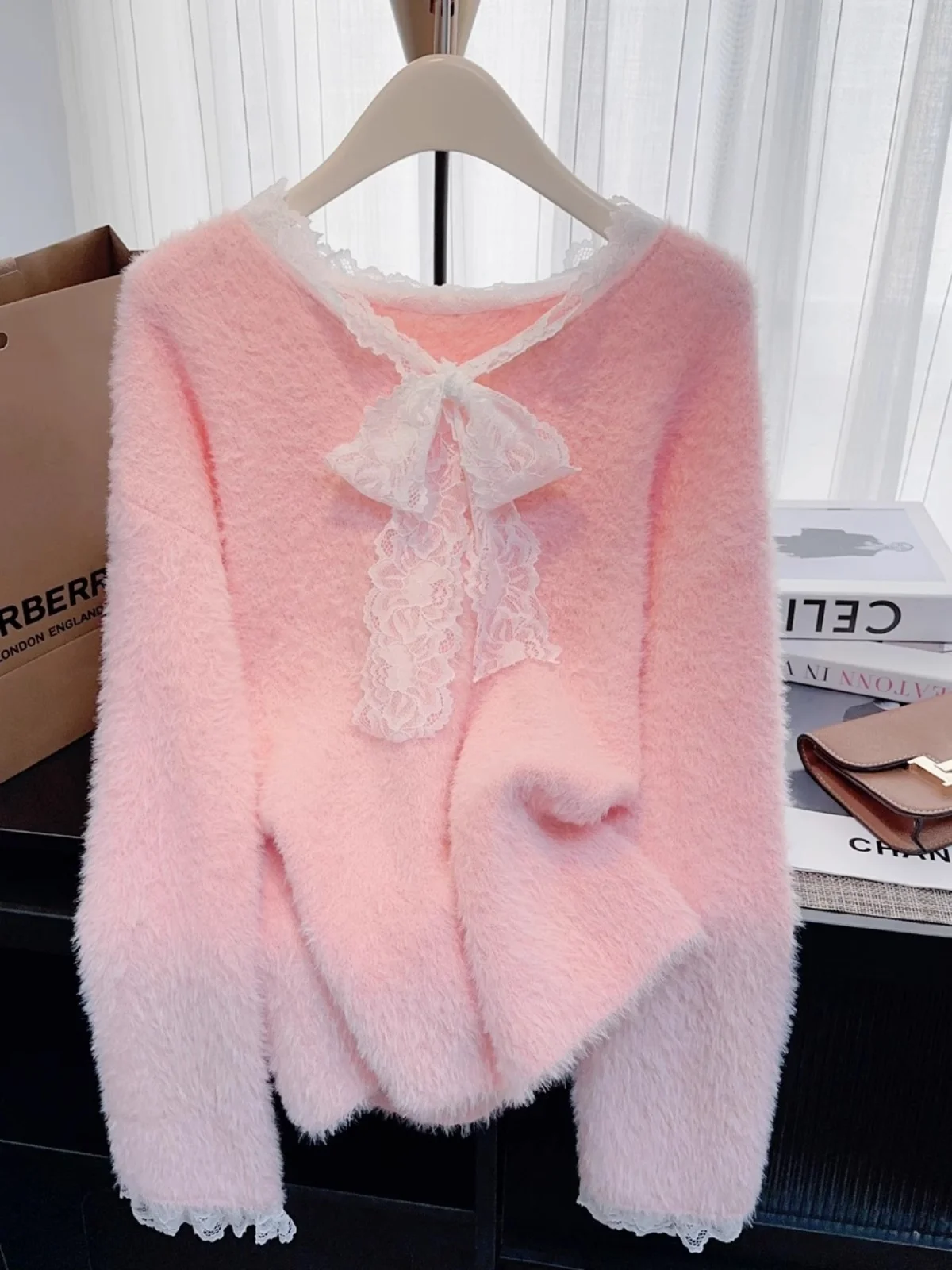 

Thiened вязаный свитер из кроличьего меха с кружевным поясом для женщин, милый Sle, осень-зима, Новое поступление, ленивый мягкий базовый слой