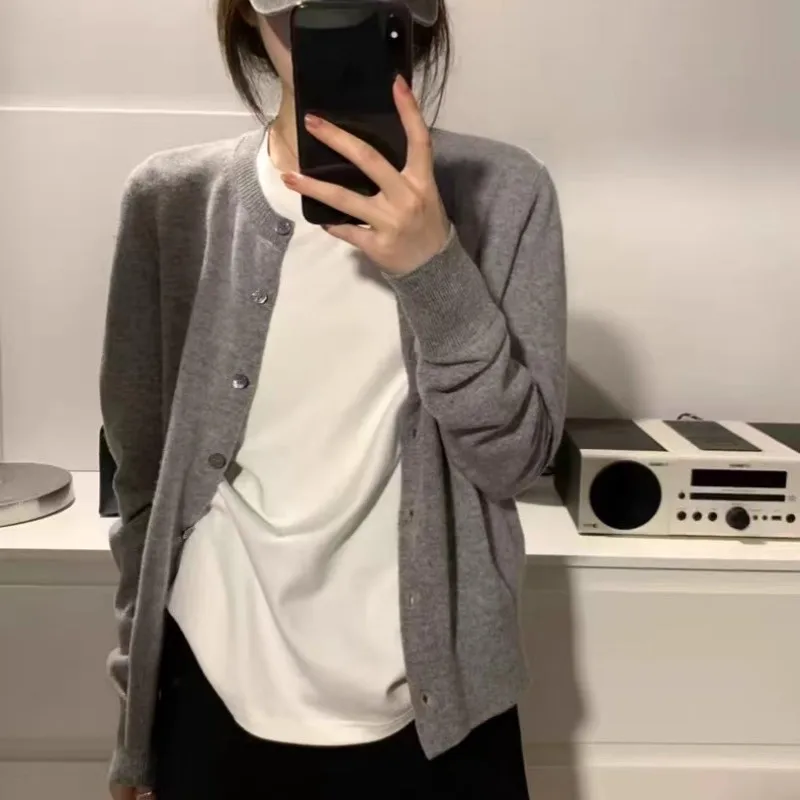 

Элегантный свободный вязаный кардиган из чистого кашемира с круглым вырезом для женщин, короткий кашемировый свитер, пальто на осень и зиму