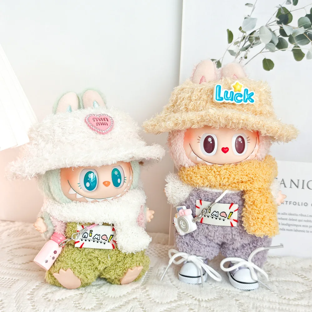 

17cm Cute Mini Plush Doll Clothing Labubu Doll Clothing Clothes Color blocked Jumpsuit Plush Hat Accessory Set