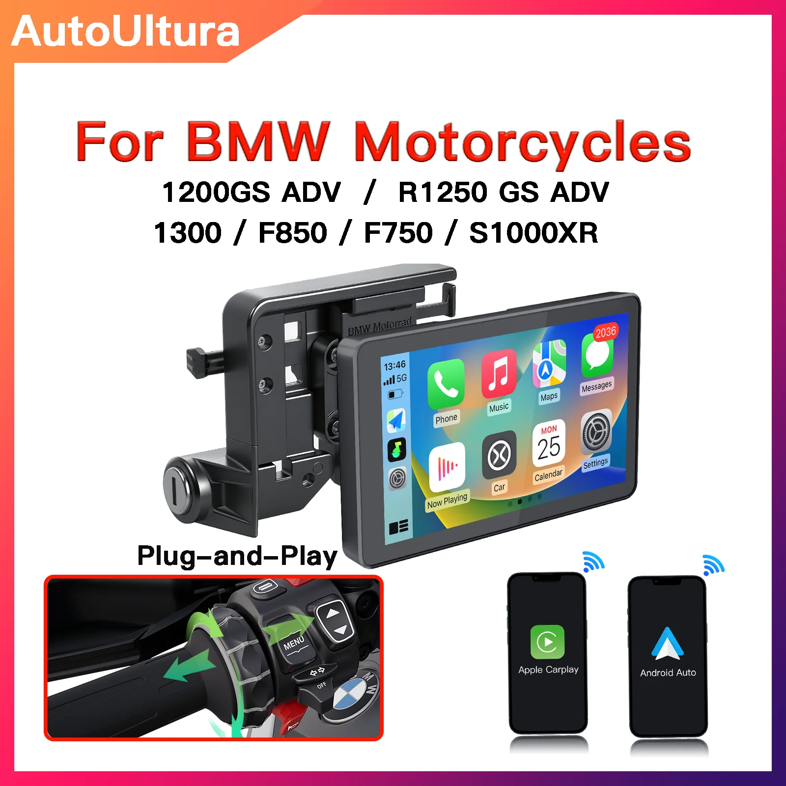 AutoUltura Für BMW Motorrad Tragbare GPS Navigation Drahtlose CarPlay Android auto 6-zoll IPX8 Navigator GS ADV mit Bluetooth