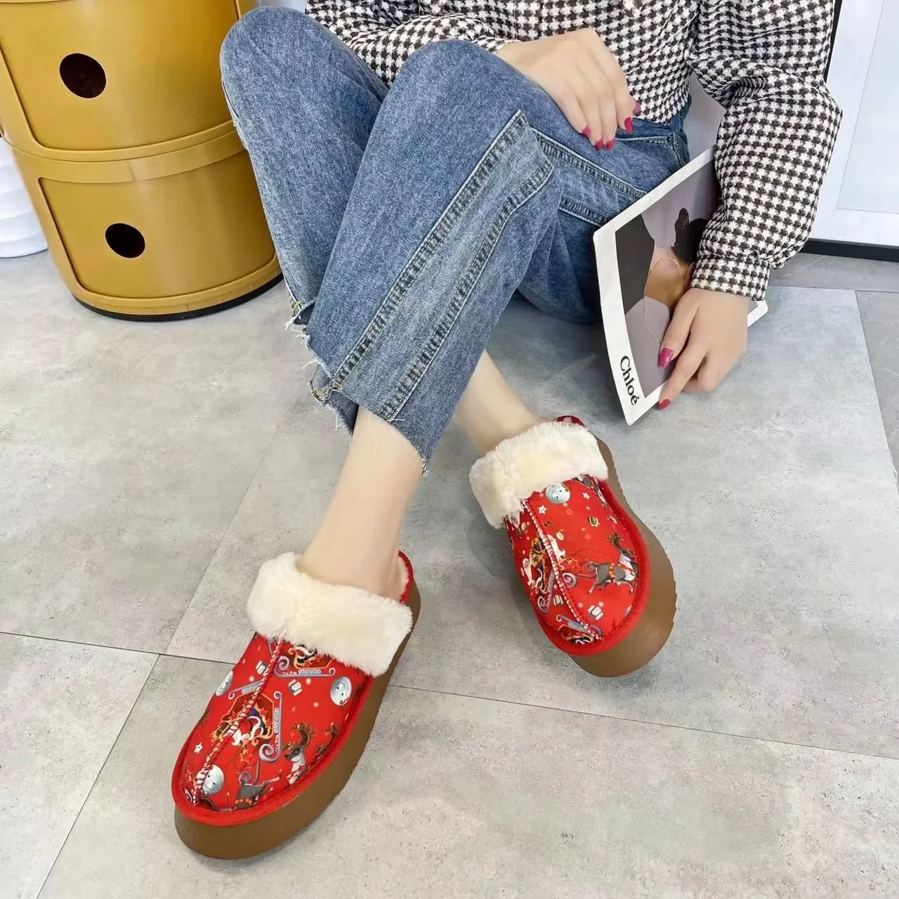 Women's Platform Slippers Autumn Winter Closed Toe Keep Warm Plus Short Plush Home Cotton Shoes for Women Indoor Casual Shoes