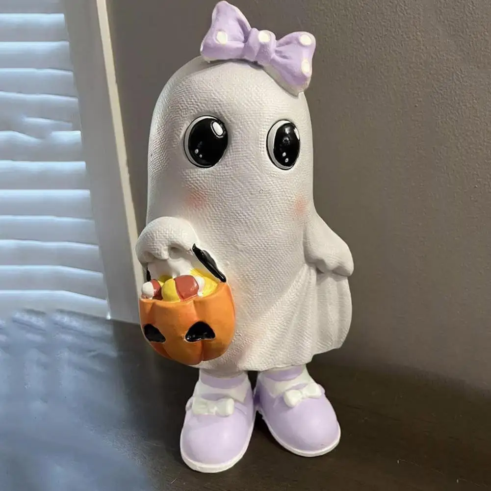 2Pcs Halloween Ghost Ornaments Resin Cat Pumpkin Ghost Figurine Small Table Decoration Living Room Ghost Decor
