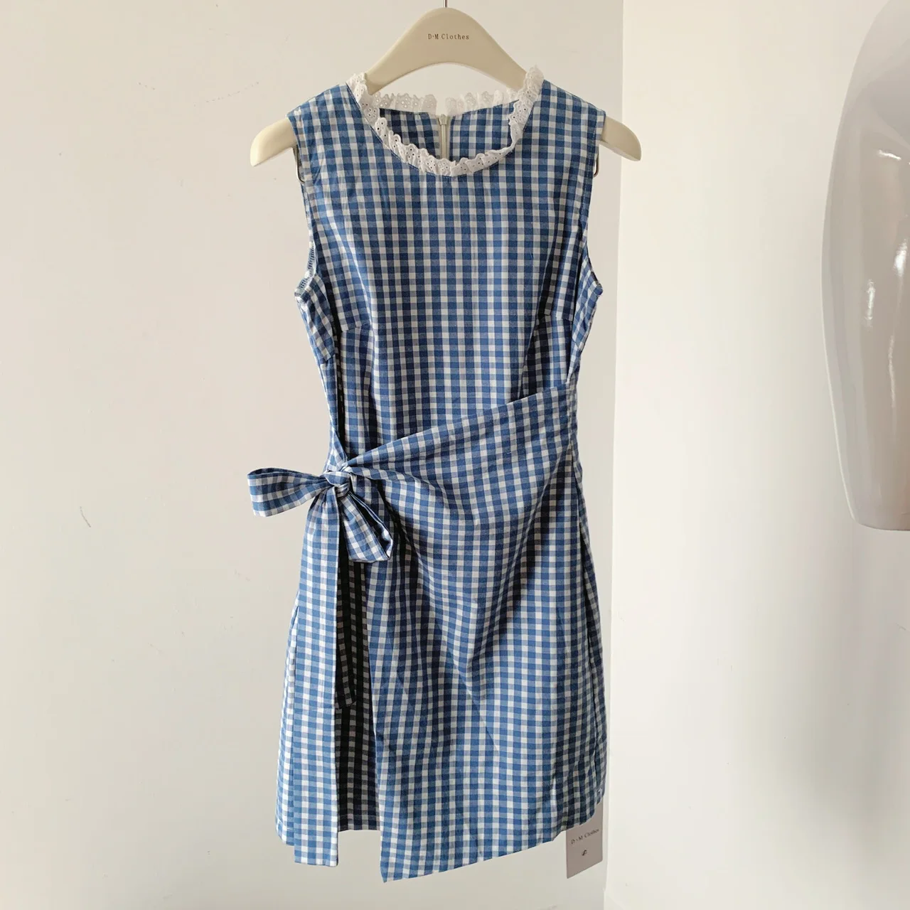 

Chic Plaid Blue Dress Women Lace Collar Sleeveless Short Casual String Vestidos Female Summer Outfits Solid Denim Frock 2024 New