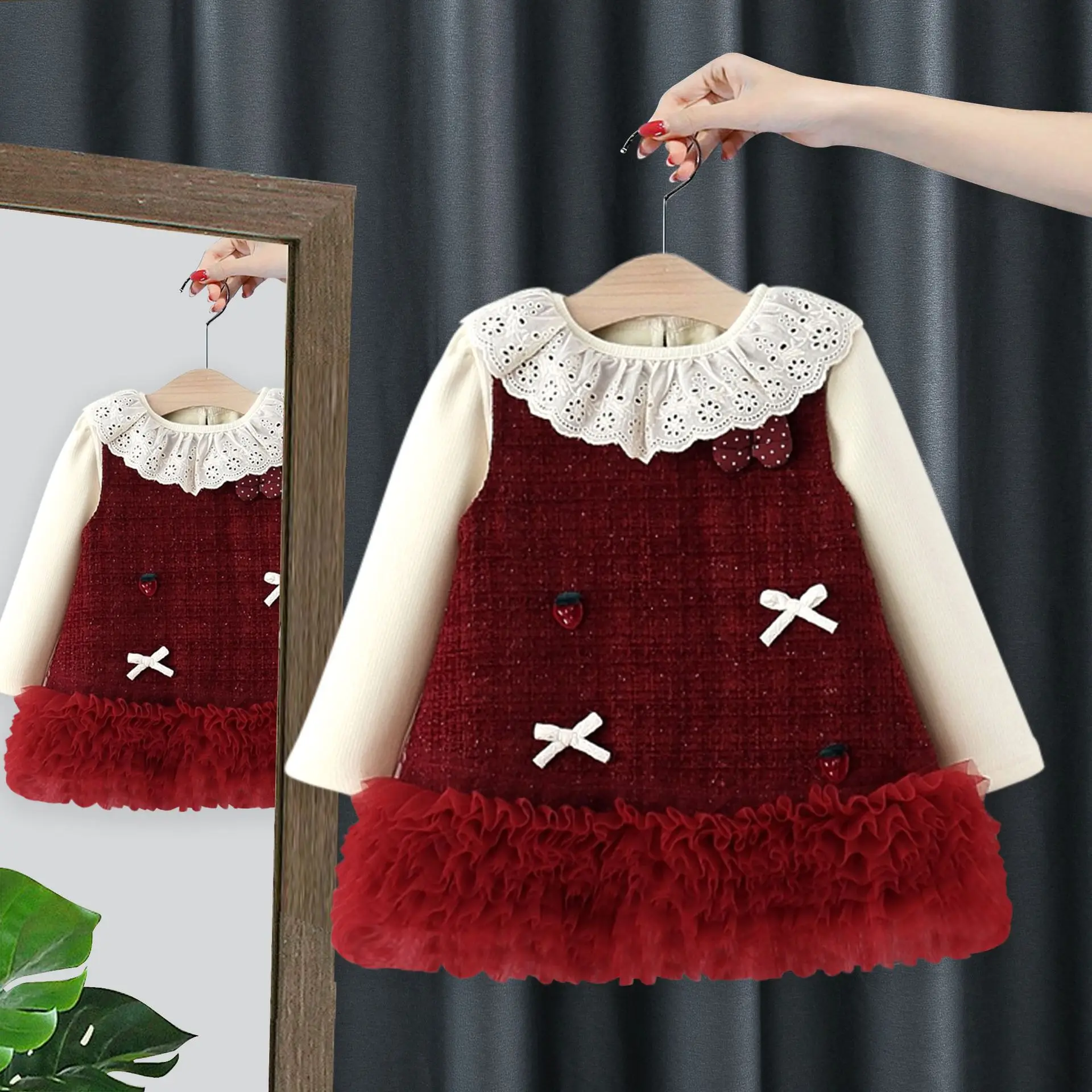 

Toddler girls baby autumn winter clothing lace border T-shirt+bow vest dress sets for infant Girls' clothes baby birthday sets
