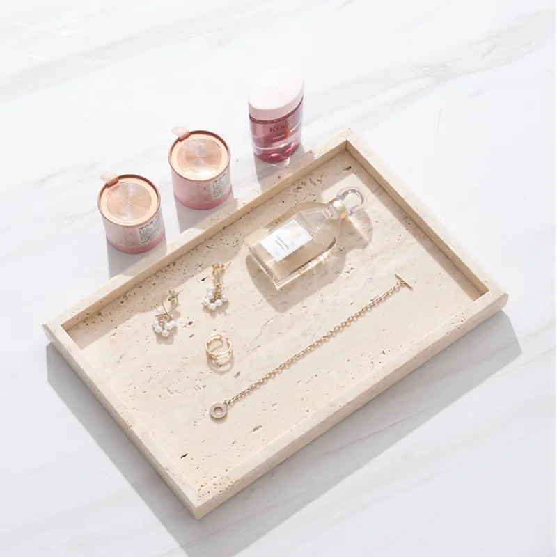 Travertine Stone Bathroom Vanity Tray for Cosmetic Perfume Natural Marble Kitchen Sink Tray for Soap Dispenser Sponge Holder