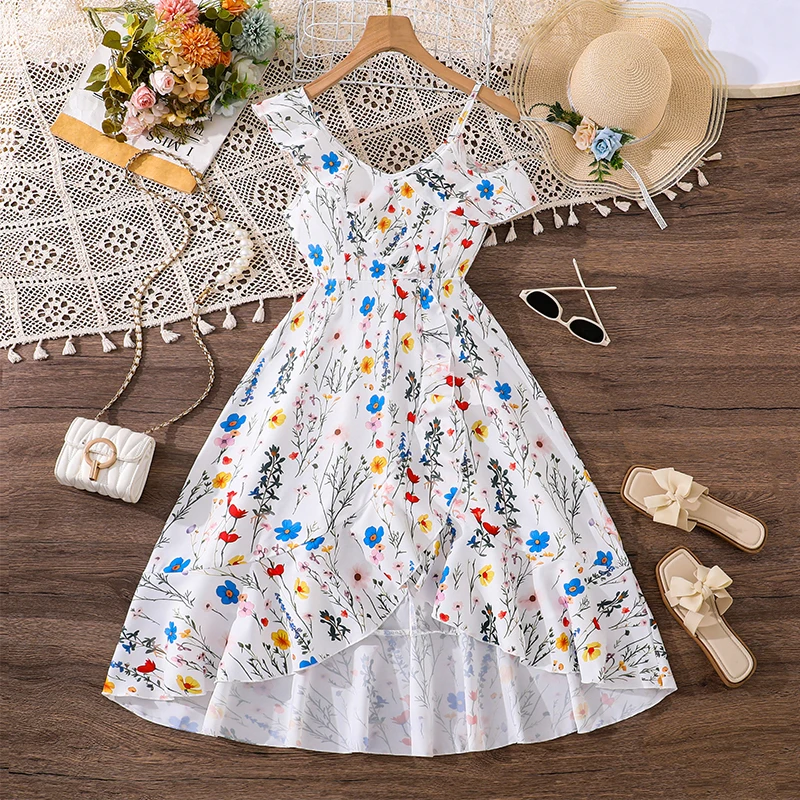 

Girls 8-12 Casual Floral Dress, Front Flutter Sleeves V-Neck A-Line/Back Self-Tie Belt, Comfortable Daily Kids Outfit