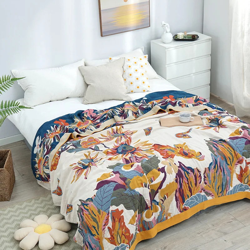

Cotton Multi-layer Gauze Towel Ink Flower Pattern Blanket Summer Cool Cover Blanket Thin Bed Sheet Sleeping Nap Soft Quilt
