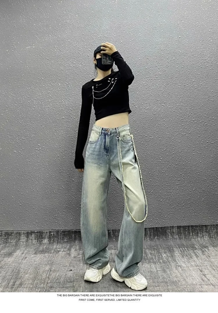 Vintage High Waist Women Jeans Streetwear Pocket Patchwork Wide Leg Jean Female Denim Trouser Straight Baggy Pants Feamle Y2K