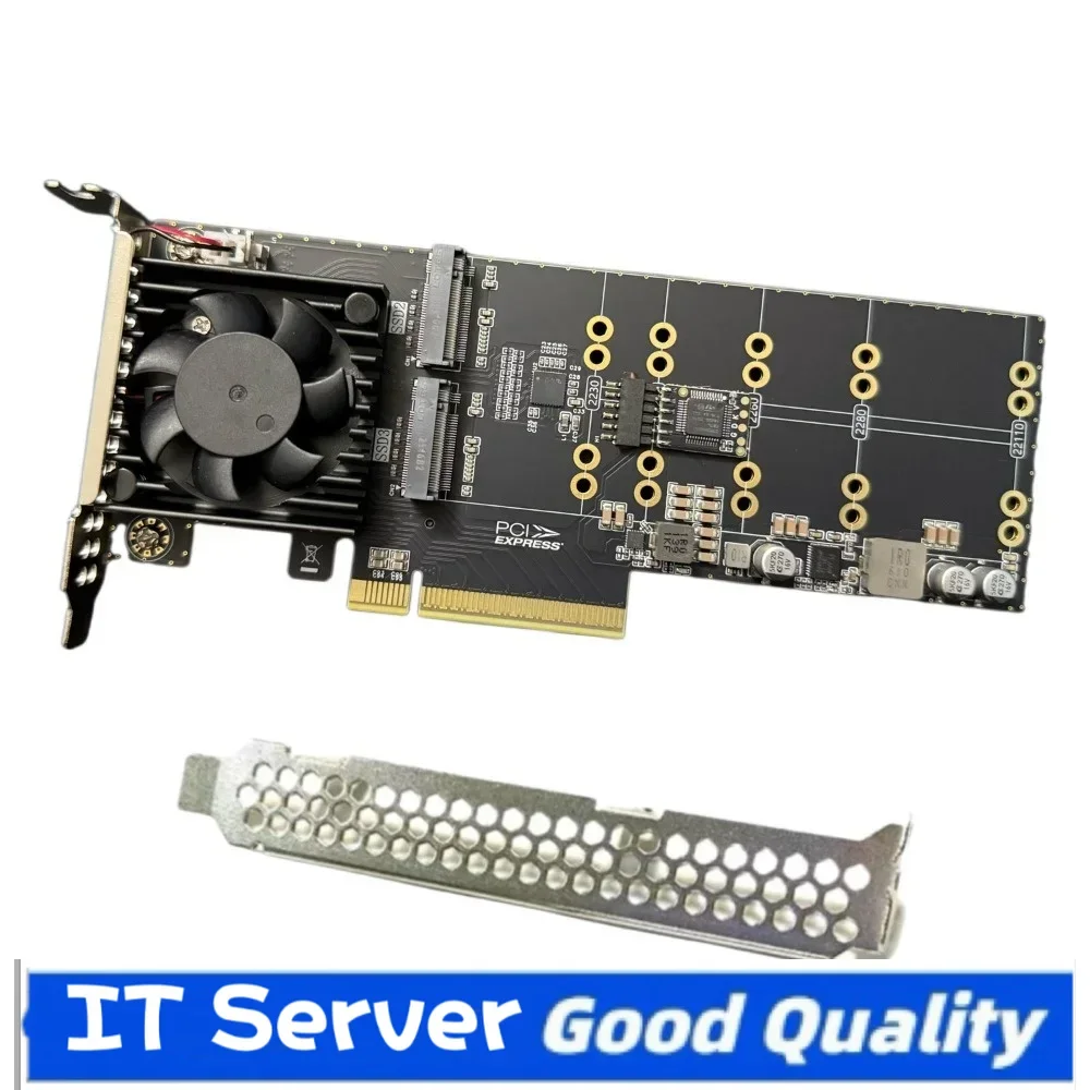 PLX8747 Chip 4-Bay NVMe PCIe X8 Expansion Card | Plug & Play | Half-Height/Full-Height Brackets | Supports M.2 SSD With Fan