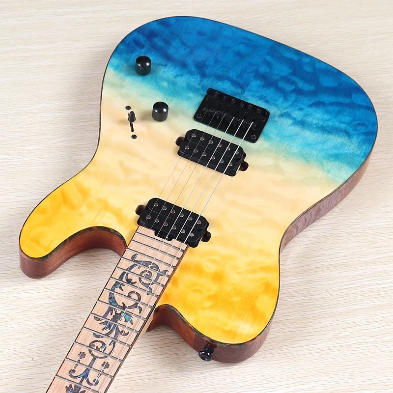 

Градиентный цвет, топ из пламенного клена, 39 дюймов, 6 струн, электрогитара, однотонный корпус Okoume, 22 лада, хороший глянцевый корпус ручной работы