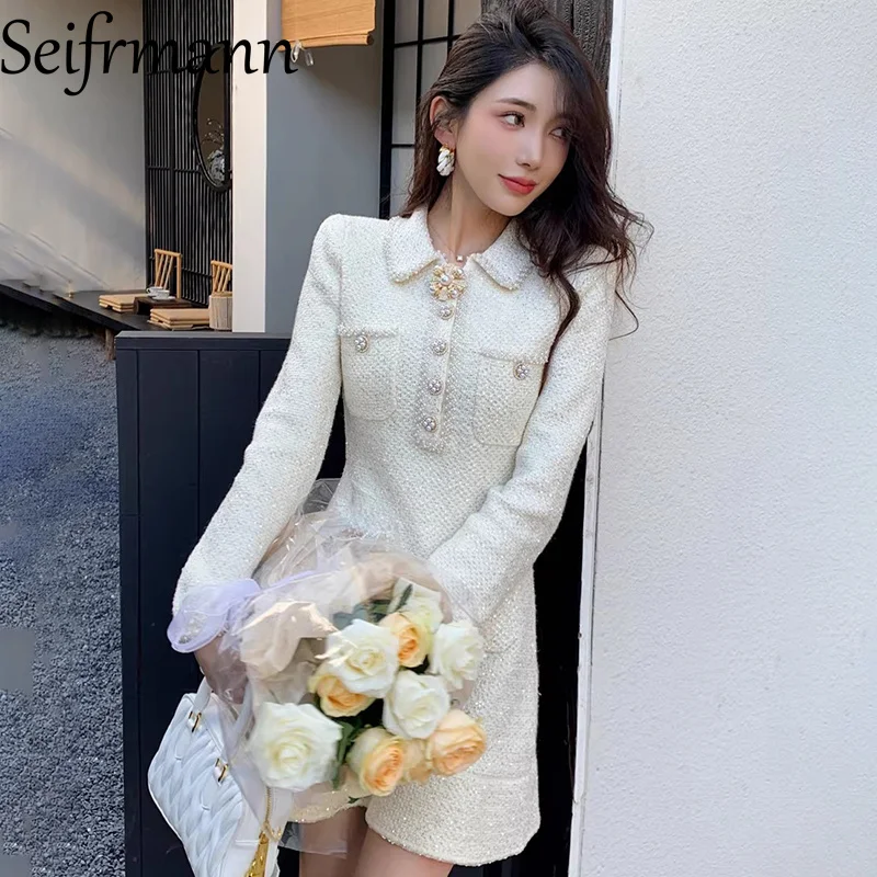 Seifrmann 2026 Spring Women's New Fashionable lapel Long Sleeve Nail Beaded Waist cinching Knitted Dress