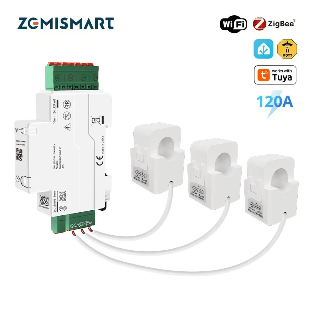 Zemismart 120A Zigbee WiFi RS485 Energiezähler 3-Phasen-Leistungsmonitor Kompatibel mit Tuya Abnehmbare Split-Core-Stromwandler 120V 240V