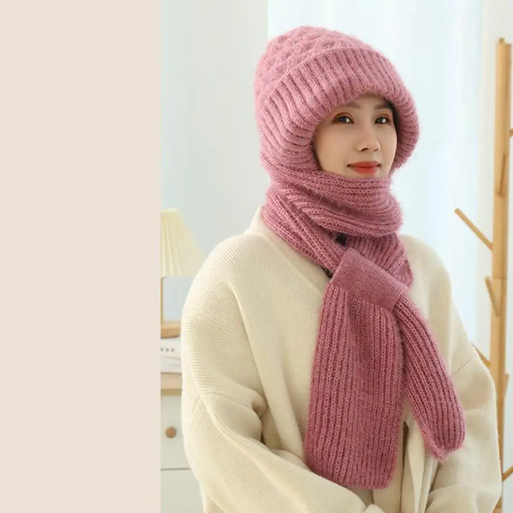 Winter Knitted Skullies Hat Scarf Set Ear Protection Warm Hat Scarf Thickened Outdoor Ski Female Beanie Cap Hooded Scarf