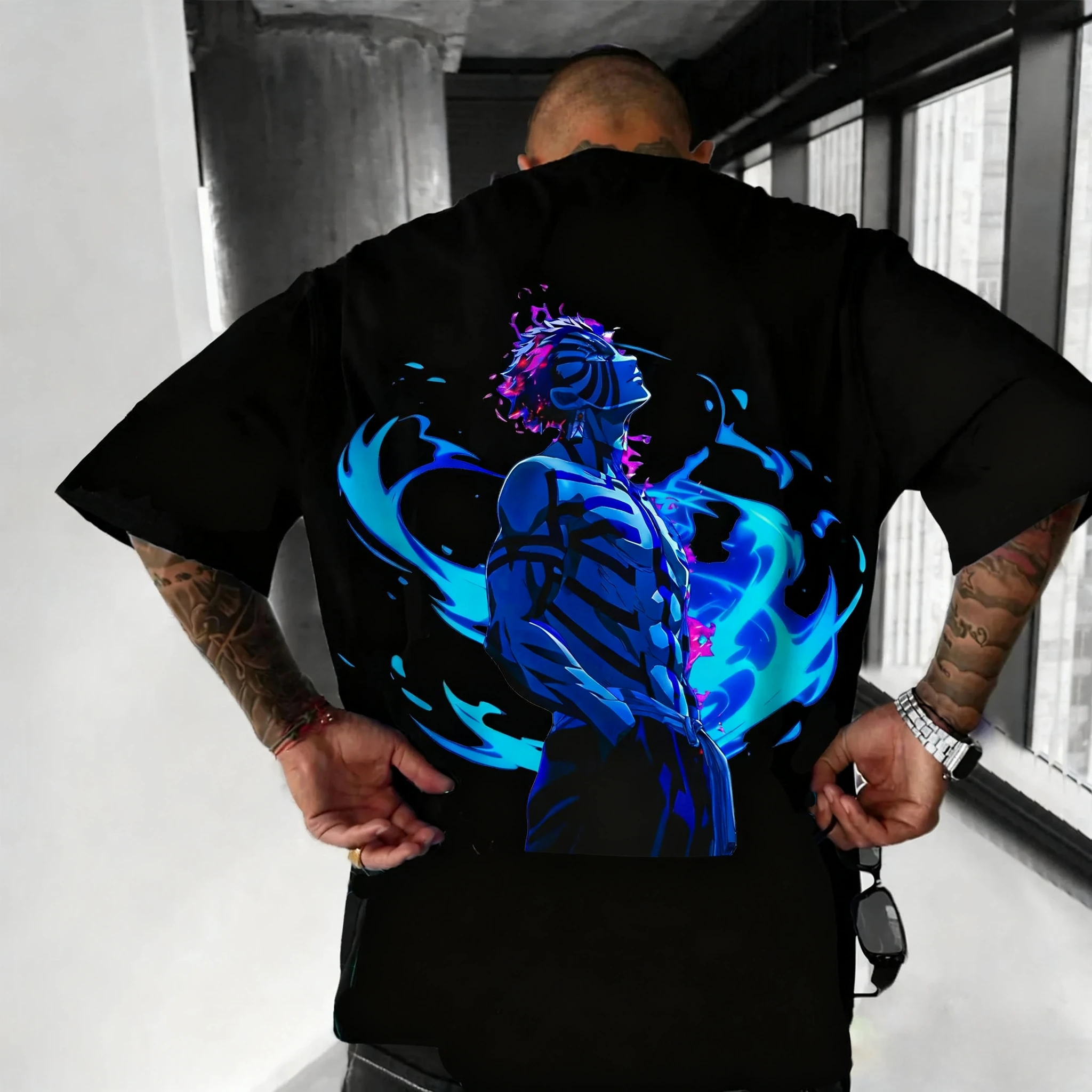 Demon Slayer Anime Akaza bedrucktes T-Shirt 2025, für Herren und Damen, Sommer, neue Straße, Hip Hop, Y2K, lässig, lockeres Eltern-Kind-Top