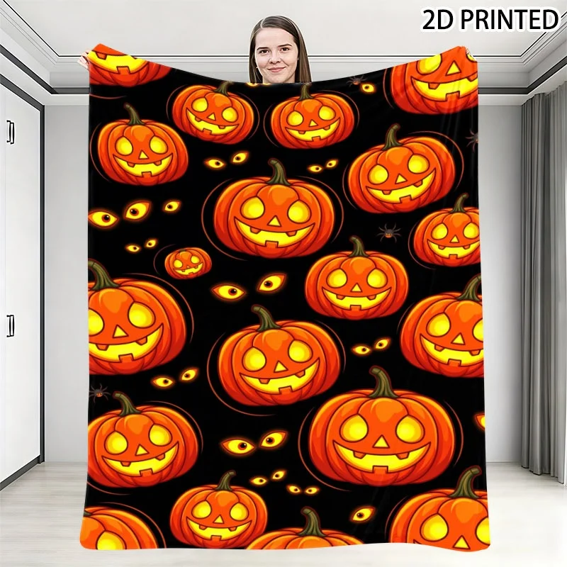 Halloween Spooky Jack-O'-Lantern Print Throw Blanket, Festive Fall Decor with Glowing Pumpkin, Spider And Scattered Eye Patterns