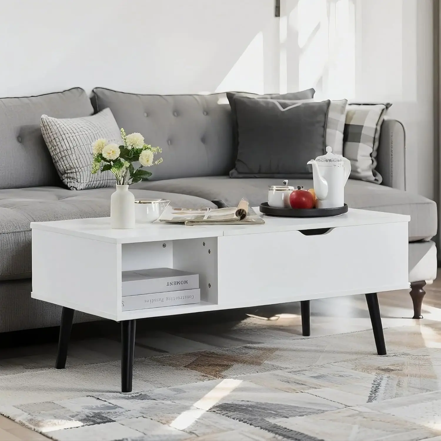 

39" Wood Lift Top Coffee Table with Hidden Compartment Wood Coffee Desk with Storage Shelf Lift Tabletop Dining Center Table