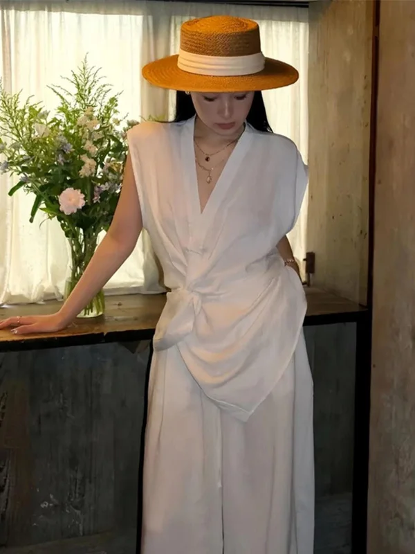 

Модный высококачественный летний женский комплект для отпуска: рубашка с глубоким V-образным вырезом и широкие брюки с V-образным вырезом на талии