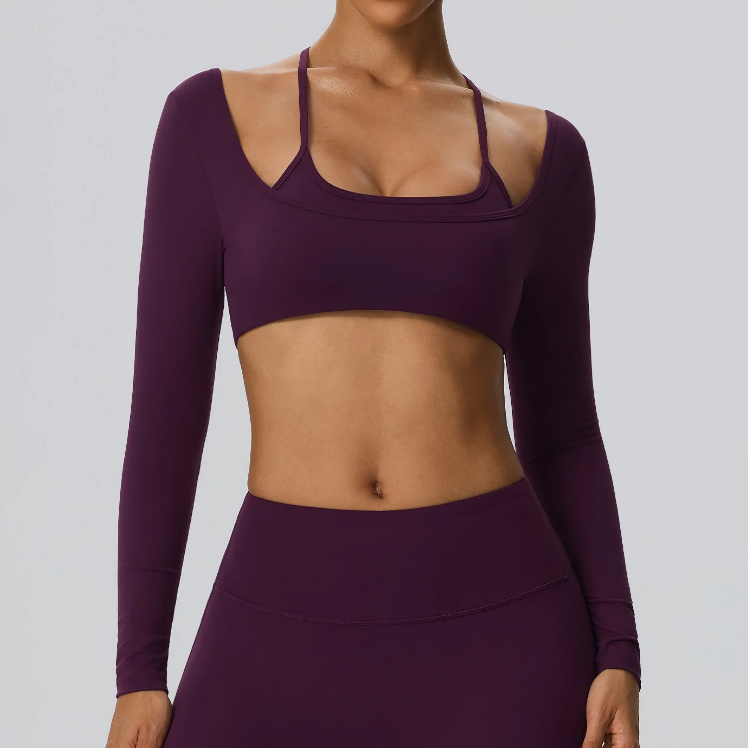 Female Nude Double Grinding Sports Long Sleeve Fake Two Piece Breathable Sexy Back Running Fitness Yoga T-shirt Autumn Winter