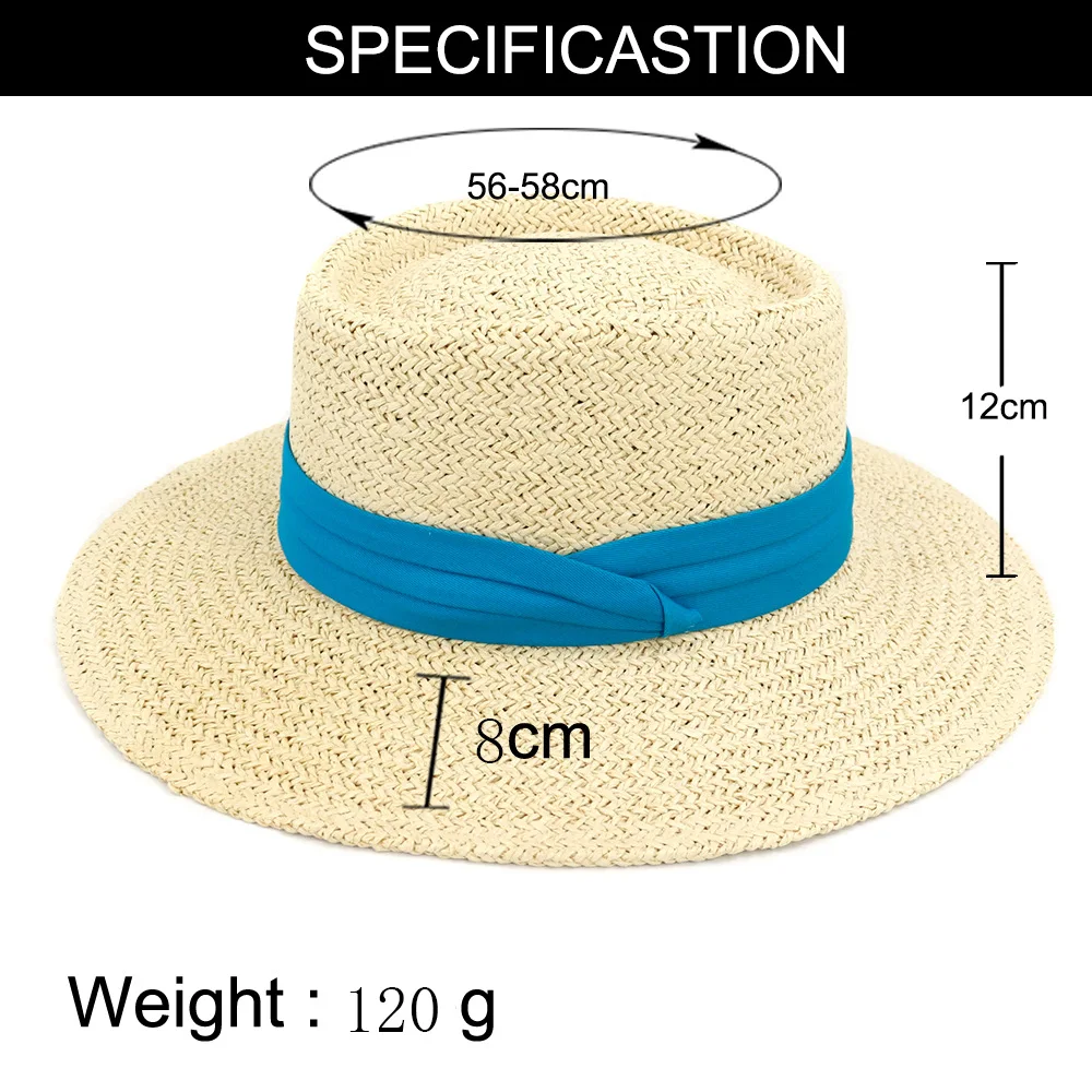 Handwoven straw hat ladies summer sunshade beach hat British vintage flat top panama hat sun hats for women raffia hat MAXSITI U