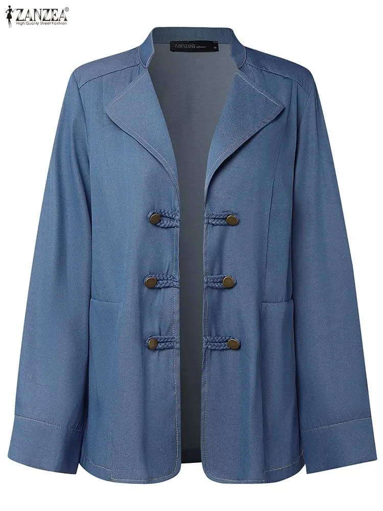 ZANZEA Herfst Vrouwen Lange Mouw Blazer Denim Pakken 2025, Casual Double Breasted Jassen Effen Elegante OL Streetwear Bovenjassen