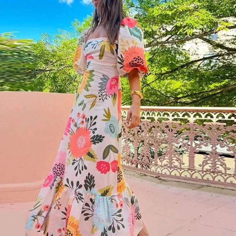 

Womens Floral Maxi Dress With Puff Short Sleeve Square Neck Tiered Smocked Flowy Resort Style