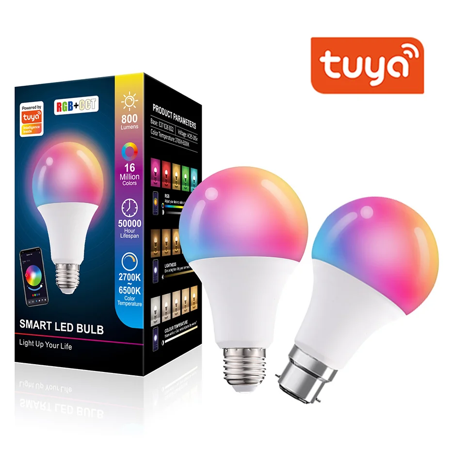 

10W 15W Tuya Smart Light Bulb E27 B22 RGB+CW+WW Colourful Light Lamp Dimmable 6500K Lampada with Smart Life APP with Alexa