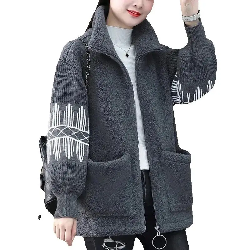 

Add Velvet Thicken Female Hoodie Jacket Autumn Winter 2022 New Loose Fashion Splicing Pocket Imitate Lambswool Women's Coat 1999