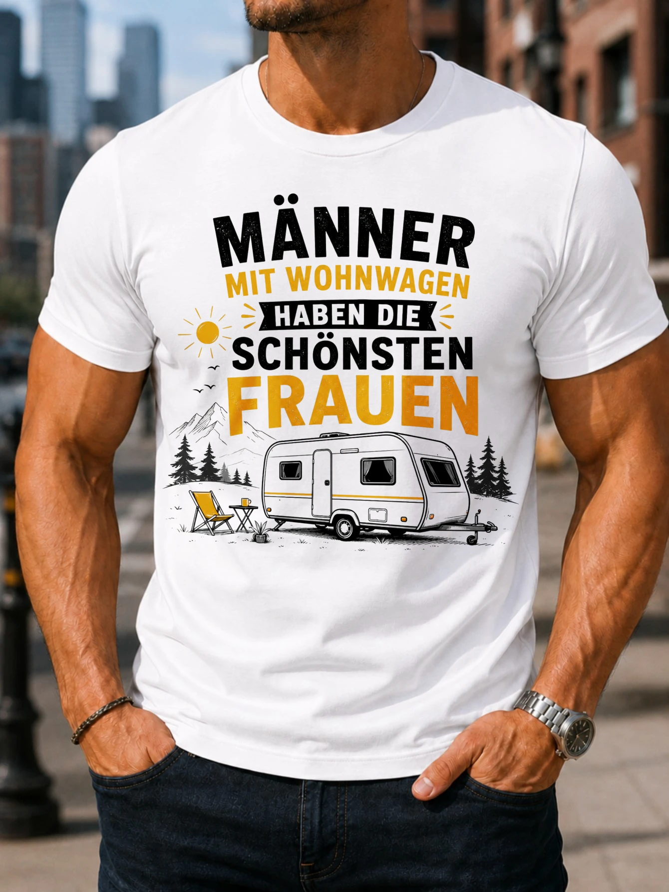 German Caravan Camping Scene With Trailer Sun And Trees Manner Mit Wohnwagen Funny Quote Outdoor  Unisex All T-Shirt