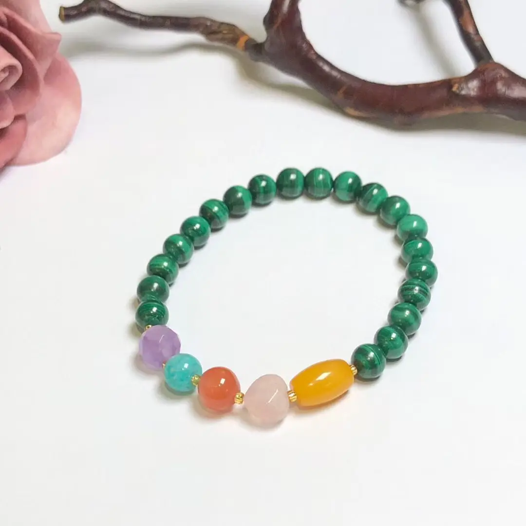 Certificated 6mm Natural Malachite Multi-gemstones Amulet Jewelry Bohemia Real Amber/Pink Quartz/Amethyst String Lucky Bracelet