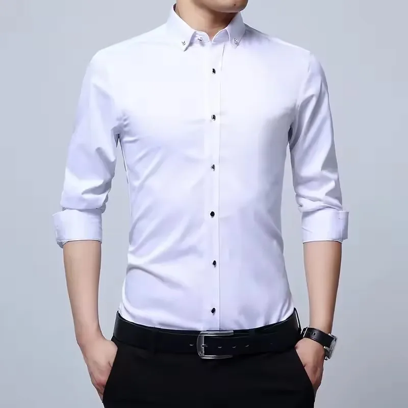 New Men's White Shirt Long Sleeve Fall Spring Solid Color Business Dress Shirt Fashion Thin Diamond Button Professional Shirt