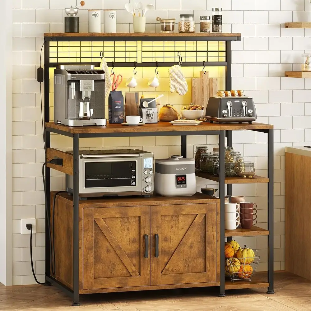 Bakers Rack with Power Outlet and LED Light, Microwave Stand with Storage Cabinet, Coee Bar Cabinet Station with 6 Hooks or Kitc