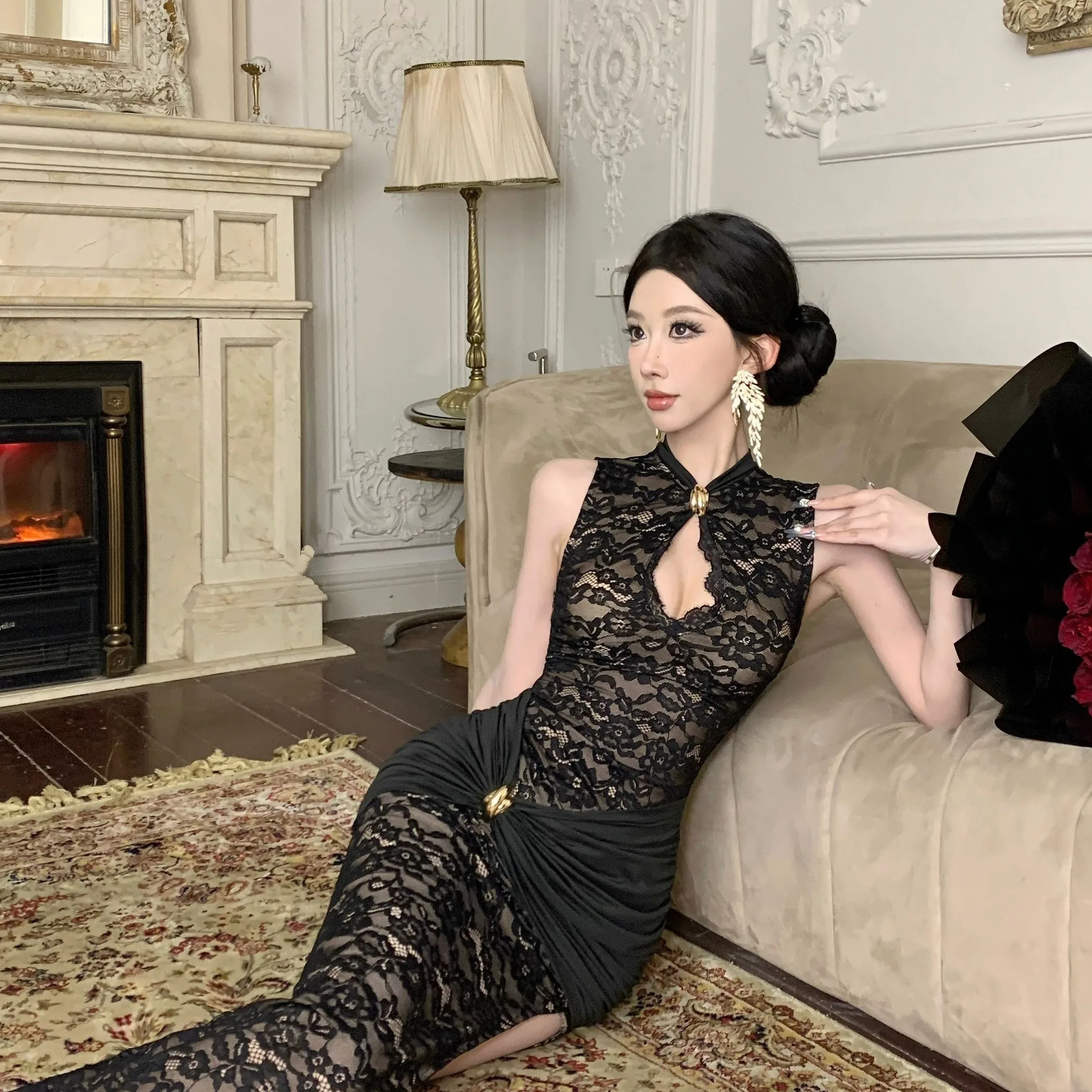 Spicy Girl Lace Slit Dr Vintage Sle Gonna lunga Spacco alto Traspirante No Sve Faion da donna Autunno Nuovi arrivi