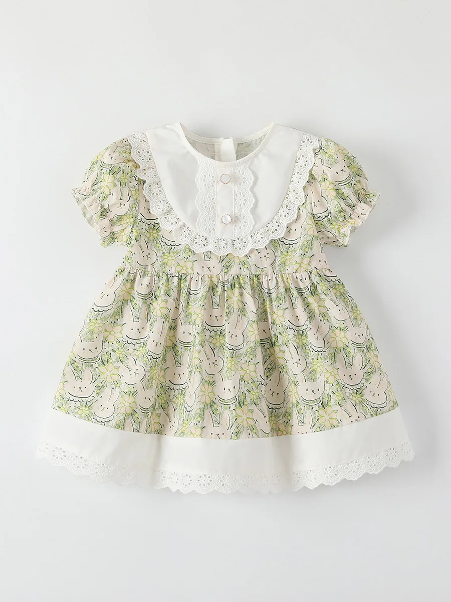 

Girls' Summer Princess Dress Rabbit Full Print round Neck Short Sleeves European American Chic Style New Little Girl's Clothing