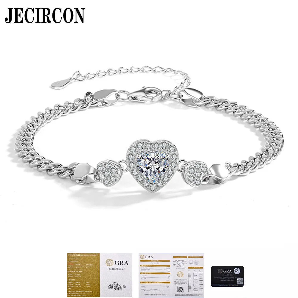 

JECIRCON S925 Sterling Silver Heart-shaped Moissanite Bracelet Fashionable Popular European and American Hand Chain Fine Jewelry