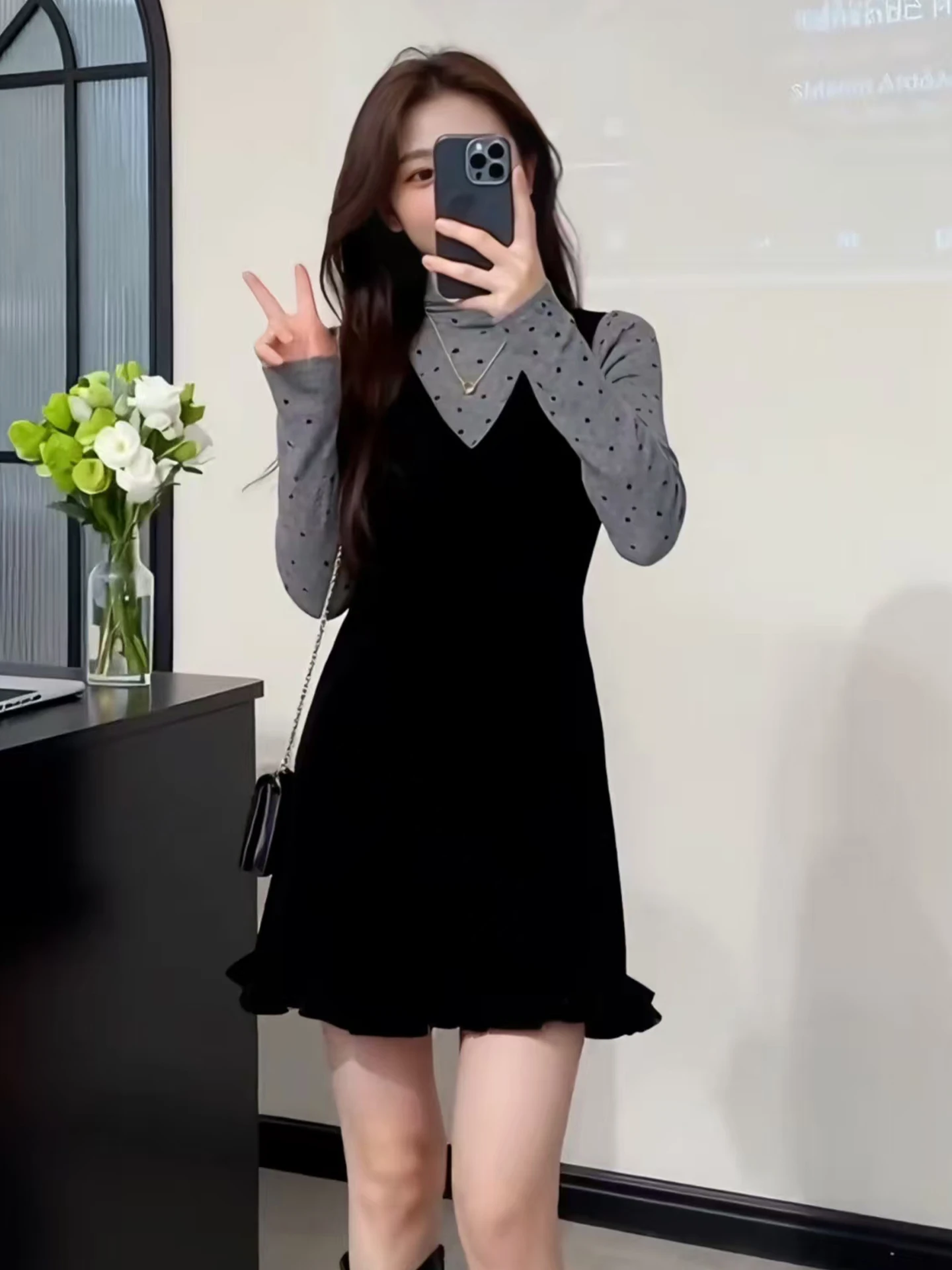 

Korean Style Polka Dot Velvet Set Women's Spring Fashion Dress Base Shirt Two-Piece Suit High Waist Flared Skirt Casual Wear