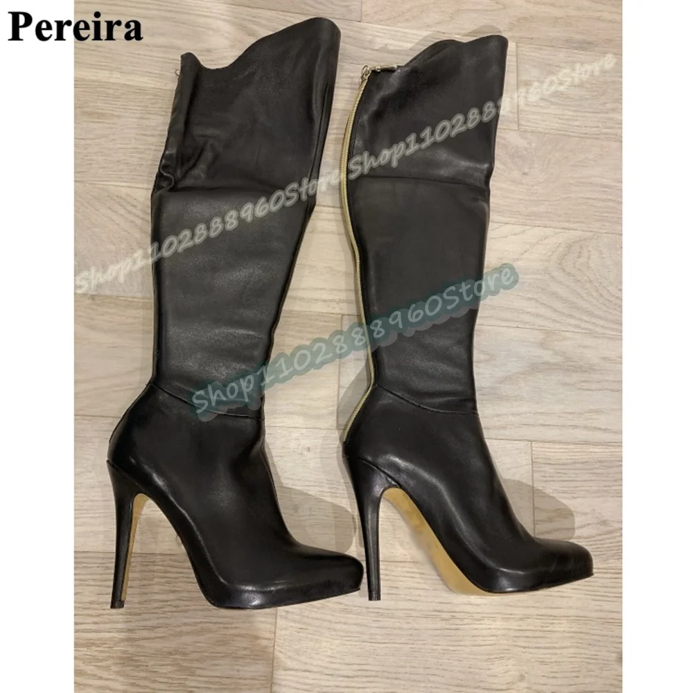 

Simple Style Knee High Black Leather Beveled Boots Thin High Heel Shoes For Women Back Zipper Pointed Toe Trending Casual Boots