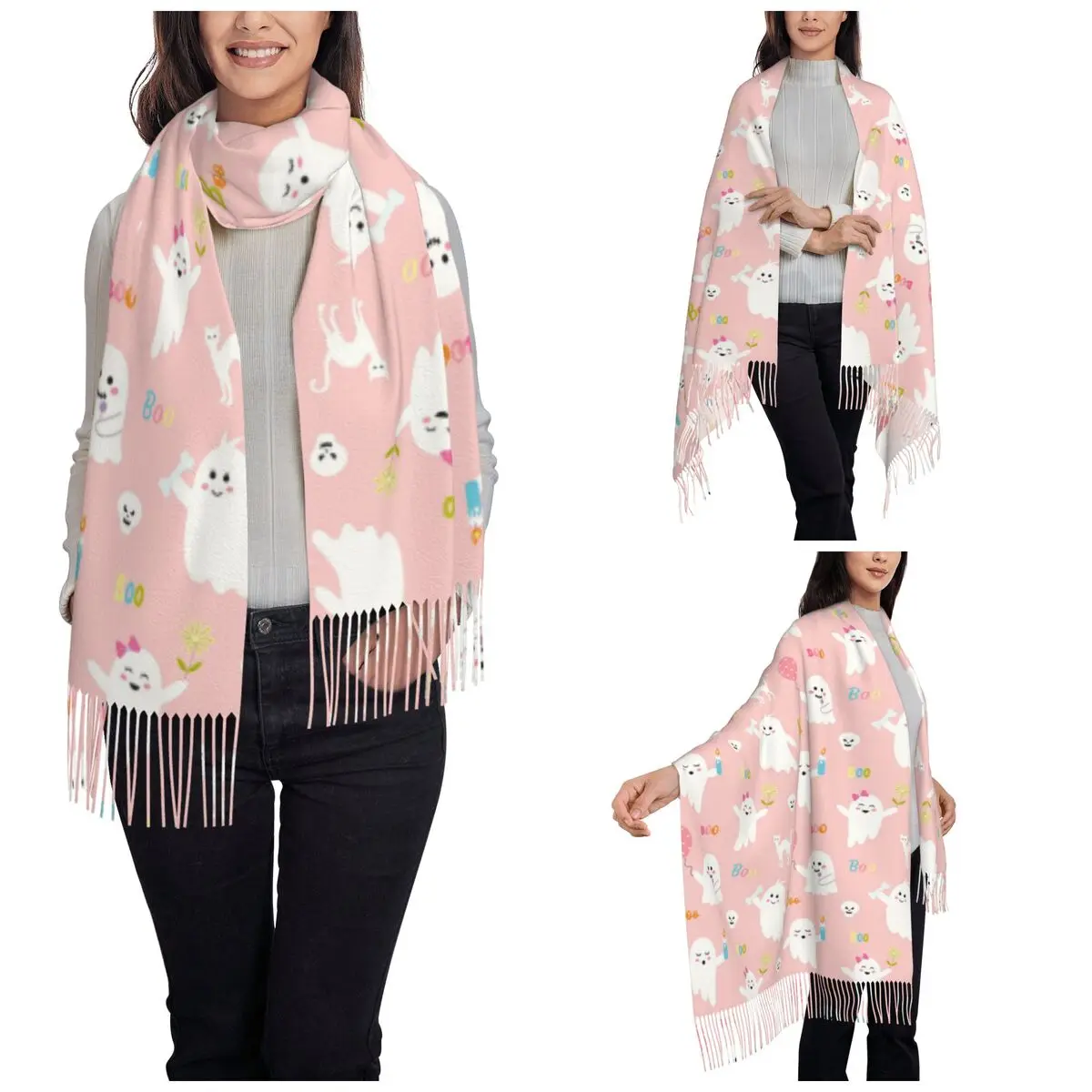 Womens Tassel Scarf Pink Ghosts Boo Quote Single-sided Pattern Super Soft Shawl and Wrap Halloween Daily Wear Pashmina Scarves