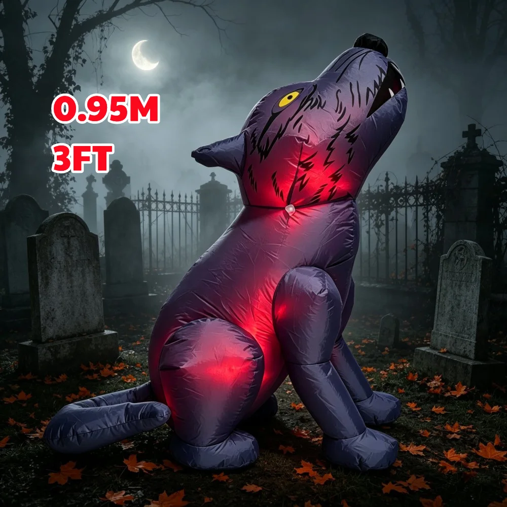 3FT Halloween Inflatable Howling Wolf With Built-in LED Red Light Suitable For Indoor Outdoor Courtyard Lawn Garden Decoration