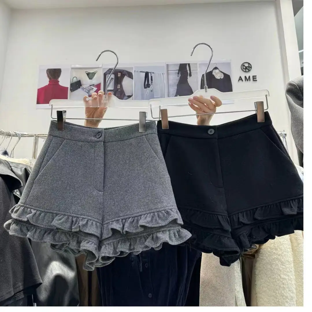 Übergroße Wollshorts aus Spitze für Herbst und Winter 2022, hochwertige, hoch taillierte, schlankmachende Hose mit weitem Bein und Freizeithose