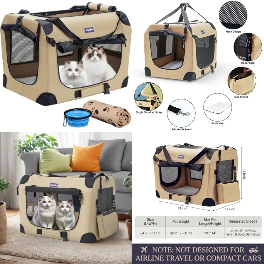 

Portable Collapsible Dog Crate, Travel Dog Crate with Soft Warm Blanket and Foldable Bowl for Large Cats and Small Dogs door an