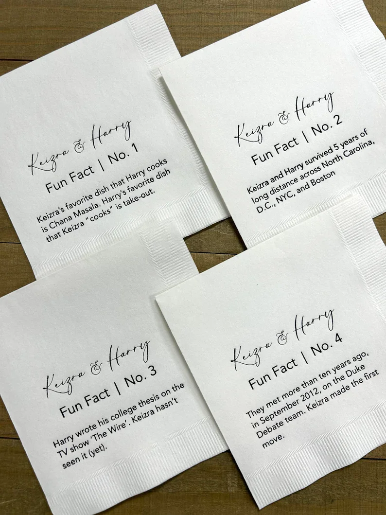 

100 PCS Personalized Fun Fact Trivia Napkins for Weddings or any occasion - Perfect for the cocktail hour at your event!