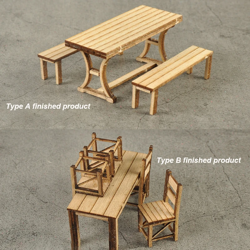 Juego de mesa y sillas en miniatura para bricolaje, diseño de construcción de arquitectura, Kits ensamblados de madera para Diorama, escala 1:35