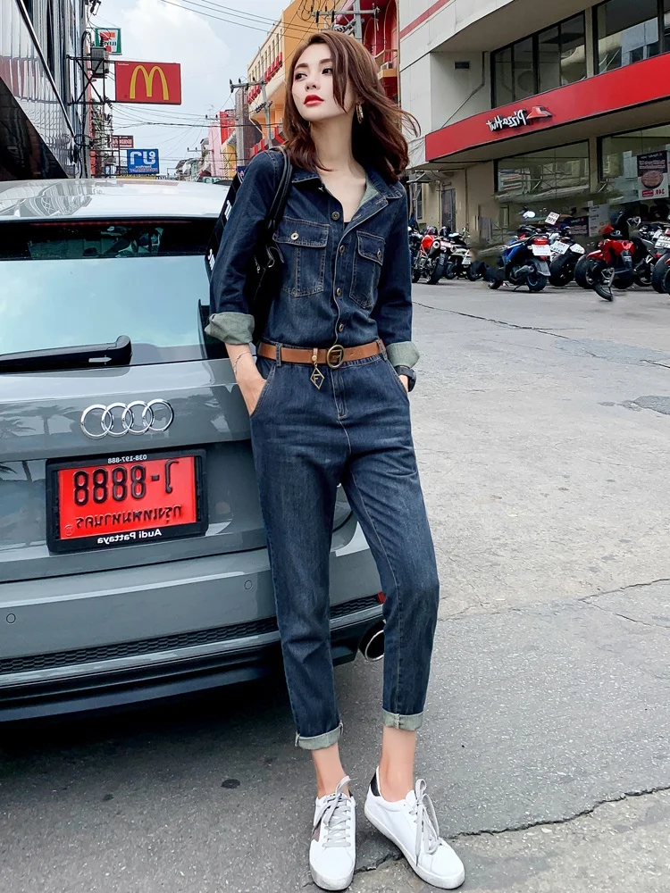

Модные рабочие джинсовые комбинезоны для женщин: весенне-осенние хлопковые брюки с высокой талией, высокое качество, стильный дизайн