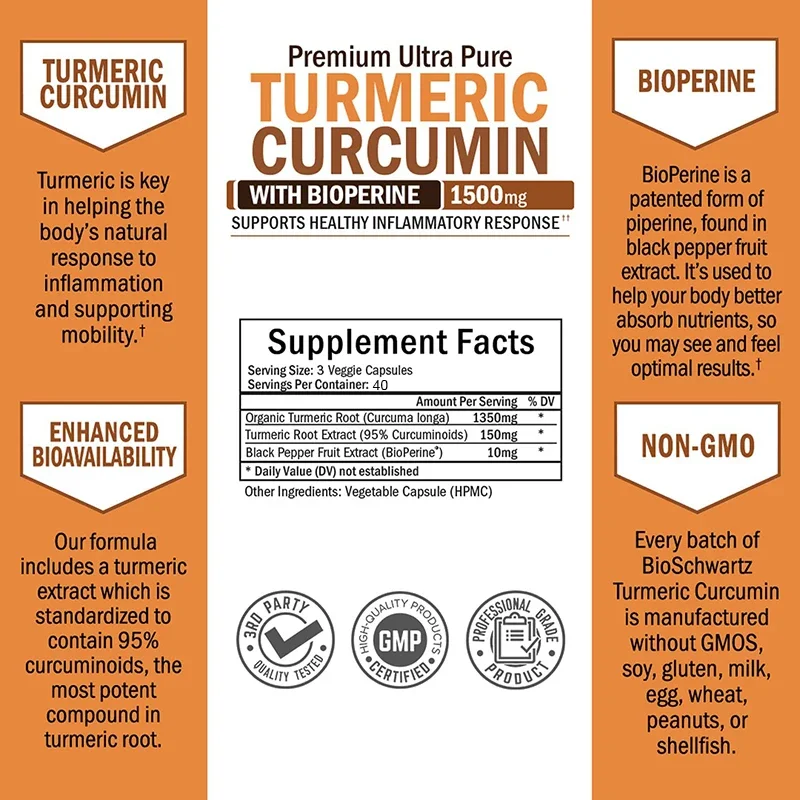 Turmeric Curcumin Capsules - Black Pepper Natural Joint Health, Strengthens Cartilage Structure, Anti-Inflammatory