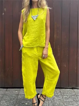 Tenue d'été décontractée en coton et lin pour femmes, ensemble deux pièces de couleur unie, haut sans manches, pantalon, costume pour femmes