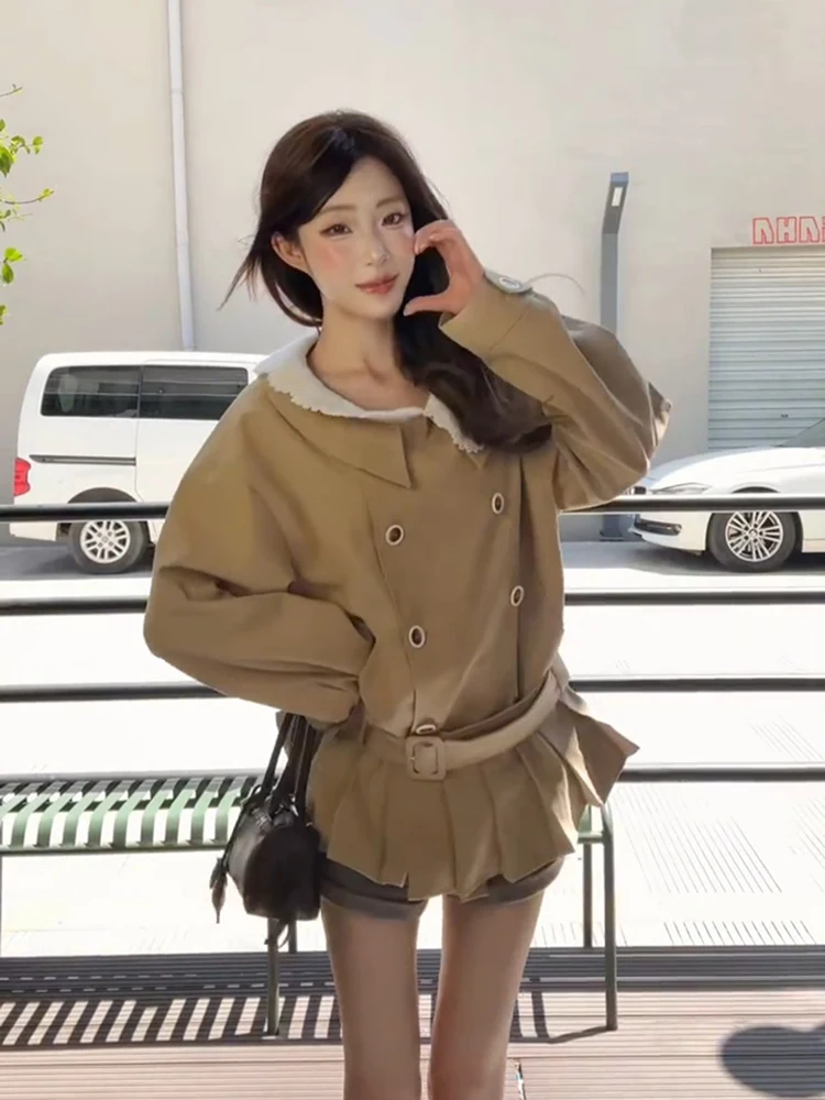 카키 레트로 더블 브레스티드 코트 재킷 여성용 가을 2025 신상 돌칼라 스플라이싱 벨트 숏 코트 한국 스타일 스트레이트 튜브