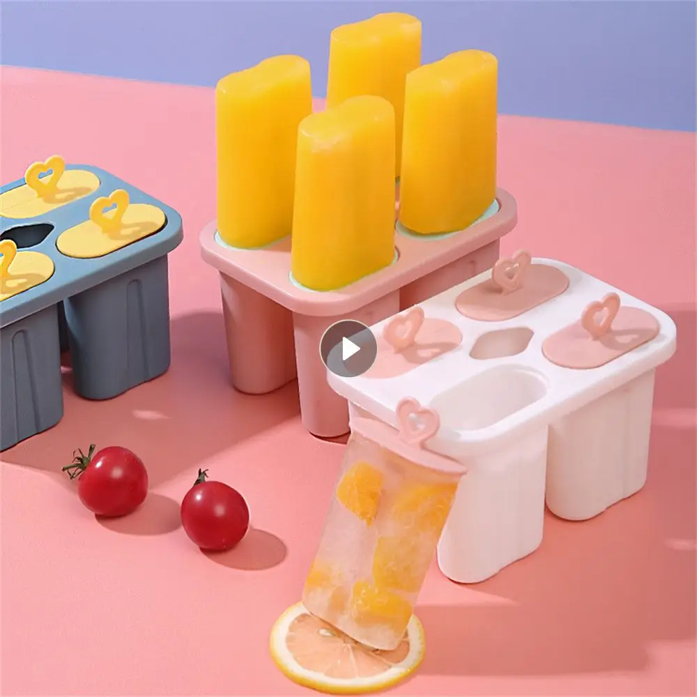 Home Making Popsicles With Lids 4 Grids Popsicle Molds Durable Reusable Ice Mould 4 Grids Ice Cream Mold Homemade Ice Box