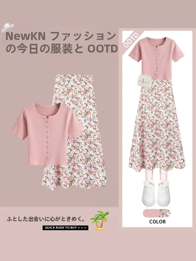 Floral Print A-Line  Skirt Short Sleeve Square Collar Women's Summer Design Sense Vacation Style plus Size T-Shirt