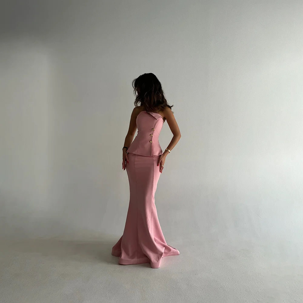 

Pink Evening Dress Strapless Pleat Mermaid Saudi Arabian Evening Gowns Floor Length Formal Party Dresses Customized
